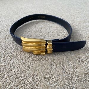 Vintage Carlisle Navy Blue Leather Belt with Gold Claw Shell Buckle 30” Size XS